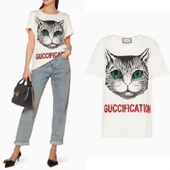 GUCCI White Sequin Embellished Cat T-Shirt RARE! - Picture 1 of 17